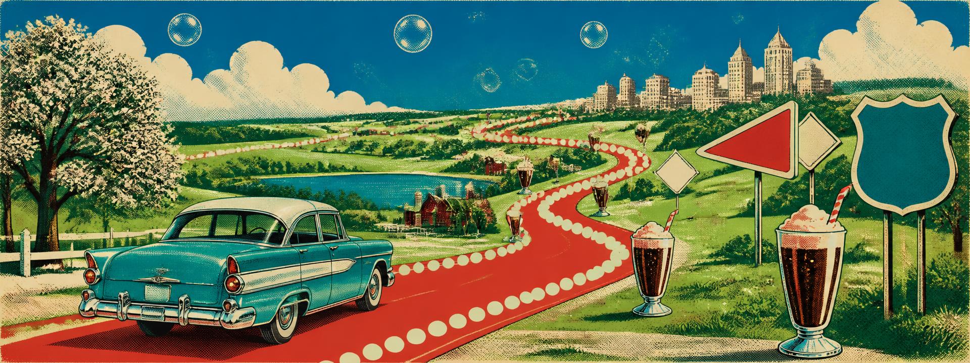 Retro illustration of a cherry-red road winding past soda fountain stops